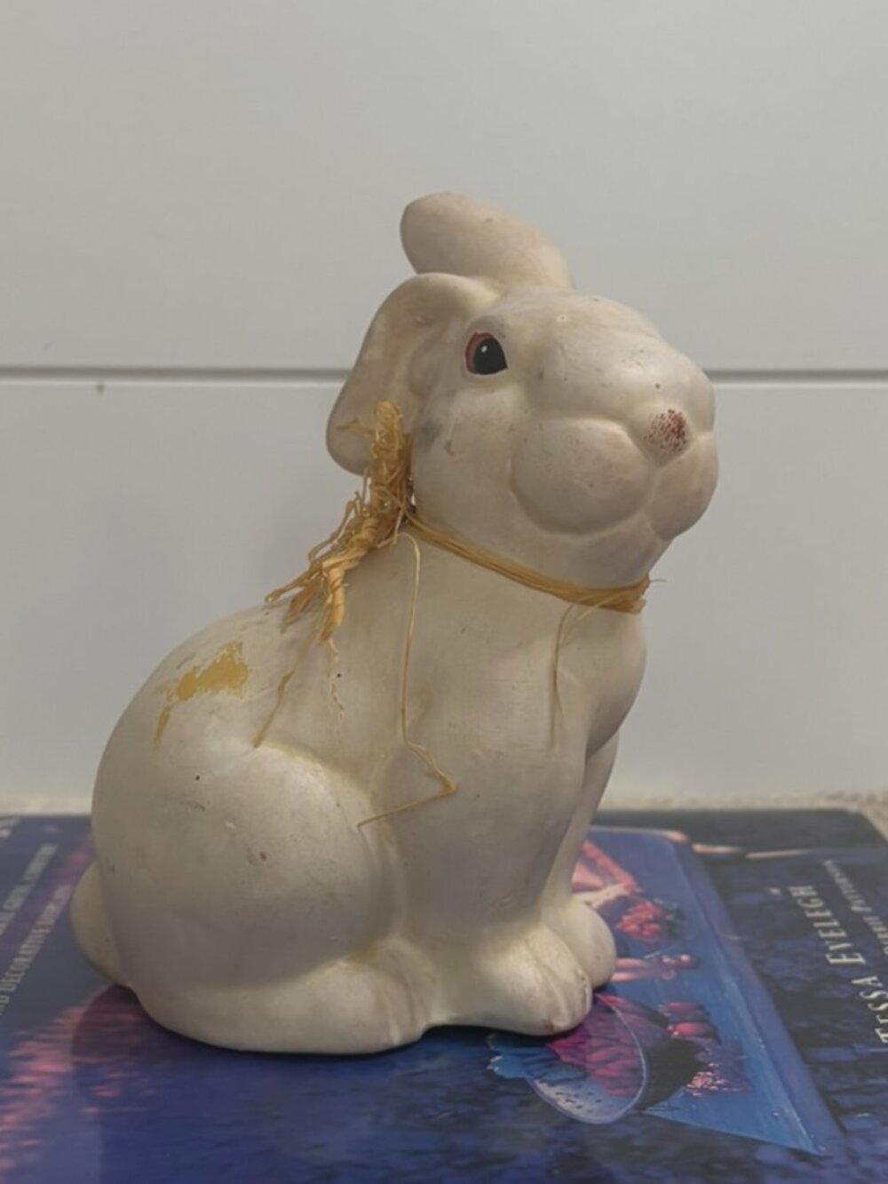 VTG Matte Ceramic Bunny Rabbit Figurine with Raffia Bow Easter Decor